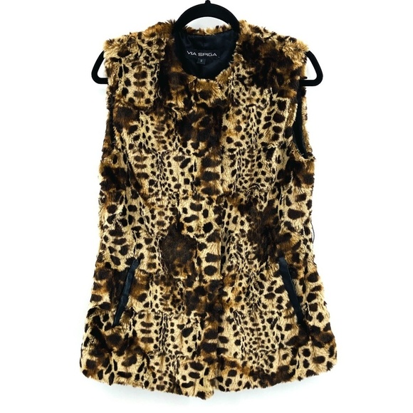 VIA SPIGA Brown Black Leopard Animal Print Faux Fur Faux Leather Vest Size Small - Picture 1 of 7